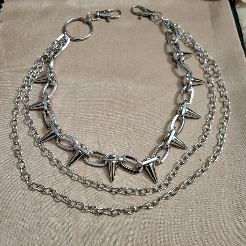 Silver tone spiked 3 layer clip on belt loop wallet chain